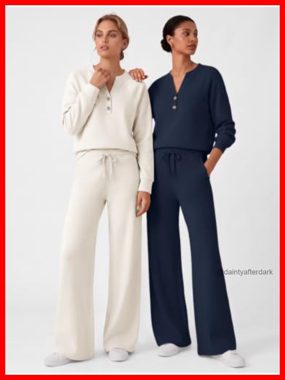 Modal Blend 2 Piece Lounge Set Henley Top Wide Leg Pants Sweatsuit - Picture 4 of 5